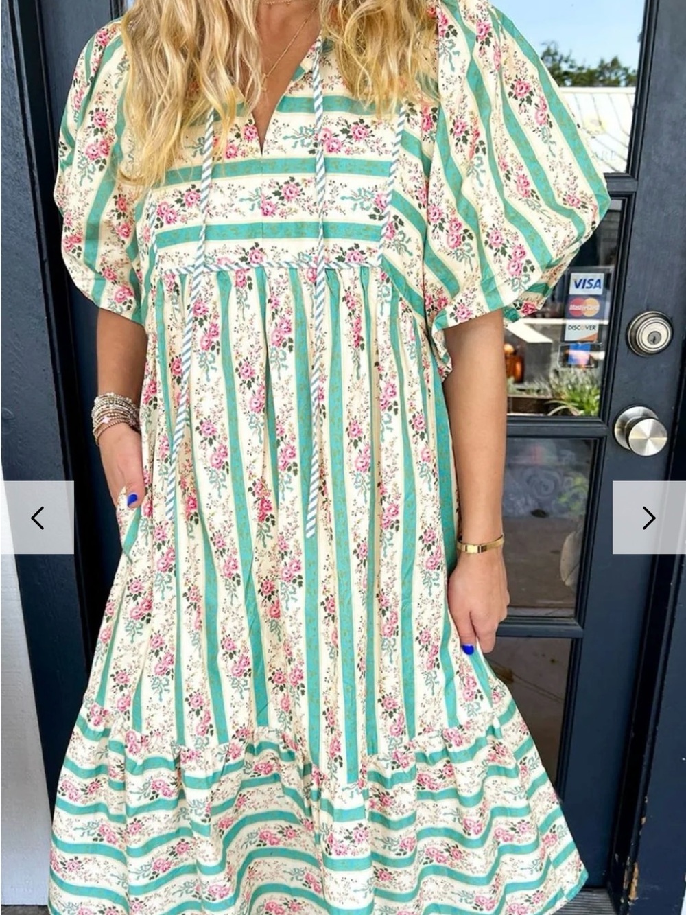 Striped Teal & White Floral Maxi Dress with Puff Sleeves - Picture 4 of 13